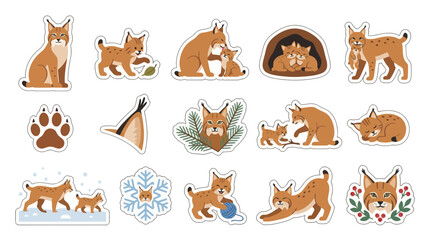 Obraz premium Cute Lynx and Cubs Flat Illustration Sticker Set. Wildlife Animal Family, Nature Mammal Vector Collection.