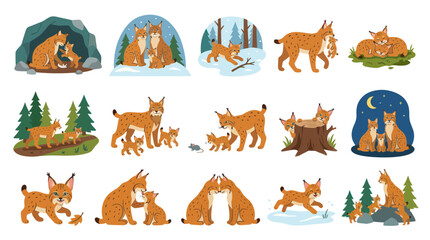 Obraz premium Flat Art Vector Illustration of Lynx Family in Nature Scenes