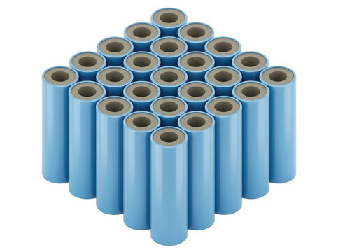 Una composizione geometrica ordinata di cilindri verticali di colore azzurro disposti in una griglia quadrata su sfondo bianco, ideale per concetti di produzione industriale, logistica o tecnologia.