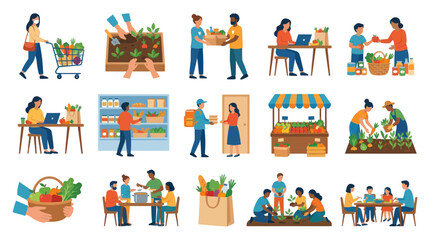 Fototapeta premium Healthy Food and Sustainable Lifestyle Flat Vector Illustrations: Gardening, Shopping, Cooking, and Community Meals