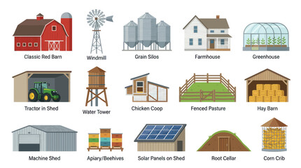 Obraz premium Farm Buildings and Equipment, Flat Vector Illustration Set