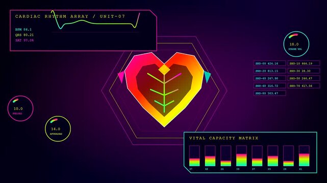 Digital displays showing complex biometric telemetry data with geometric heart animations and fluctuating graphs flickering across a dark interface panel during a simulated medical monitoring session