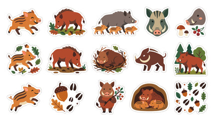 Obraz premium Cute Cartoon Wild Boar Family Stickers for Nature and Animal Themes