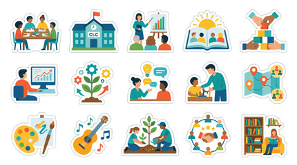 Fototapeta premium Flat Design Education Collaboration Icons Set, School, Growth, Art, Music