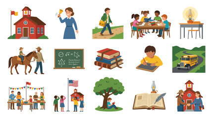 Fototapeta premium Flat Style Education Vector: School, Students, Books, Bus, Learning