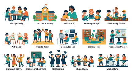 Fototapeta premium Education Icons Set: Flat Art Style Illustrating Learning Activities