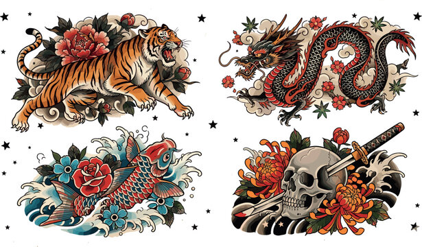 Traditional Japanese Tattoo Flash Vector Element Set Featuring Irezumi Style Tiger Dragon Koi Fish and Skull with Dagger and Peony Flowers