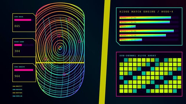 Digital biometric telemetry displays showing shifting neon fingerprint patterns and cycling data charts with pulsing grid animations across three screens within a dark computer interface environment
