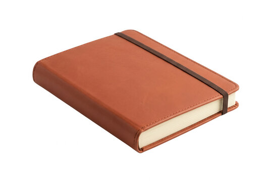 Taccuino con copertina in similpelle marrone e chiusura con elastico scuro, isolato su sfondo bianco con vista prospettica ad angolo.