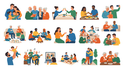 Fototapeta premium Flat Vector Illustration of Diverse Multi-Generational Families People Enjoying Social Life and Activities