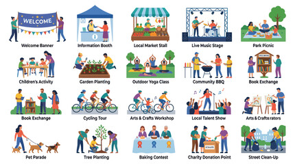 Naklejka premium Flat Design Vector Illustrations of Community Events, Social Activities Neighborhood Volunteering
