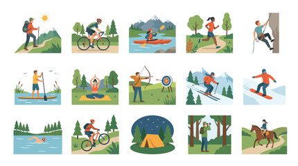 Naklejka premium Collection of Flat Vector Illustrations: People Engaging in Diverse Outdoor Sports and Recreation Activities