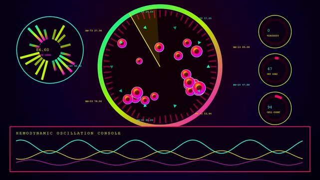 A sophisticated display showing biometric telemetry data monitoring pulsing circular radar scopes and undulating sinusoidal waves flowing across a dark digital interface in a professional laboratory