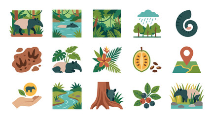 Obraz premium Flat Vector Tapir Wildlife Icons Set. Rainforest Nature, Ecosystem, and Conservation Environment Theme.