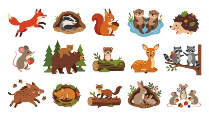 Obraz premium Flat Style Cute Forest Animals Collection Vector Illustration