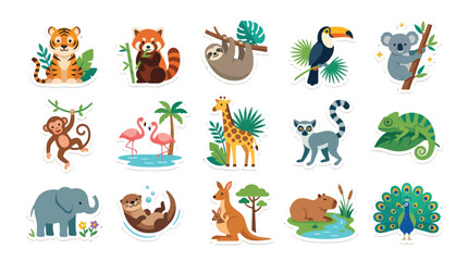 Fototapeta premium Cute Flat Cartoon Exotic Wild Animals Vector Sticker Set. Safari, Zoo and Jungle Wildlife Collection for Kids Education.