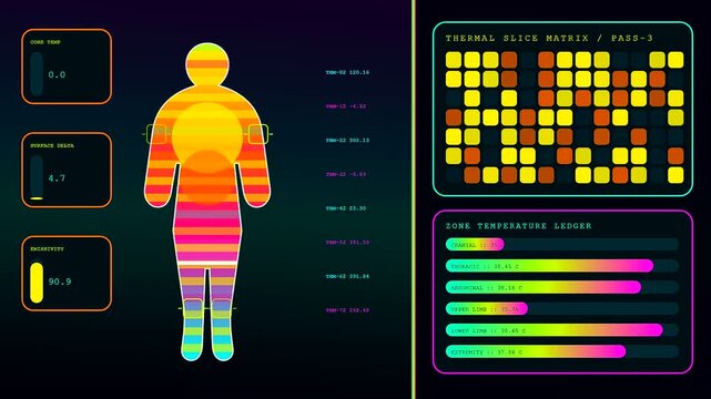 Digital biometric telemetry monitoring interface displaying colorful human body thermographic data patterns and thermal medical readings on a dark screen during a scientific research sequence