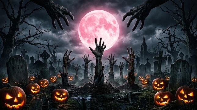 Spooky zombie hand reaching out from a grave in a graveyard under a full pink moon, with glowing jack-o'-lantern pumpkins and dark trees on Halloween night.