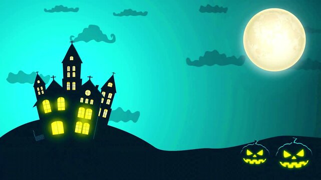 Haunted mansion on a hill with glowing pumpkins and flying bats under a full moon in teal sky.