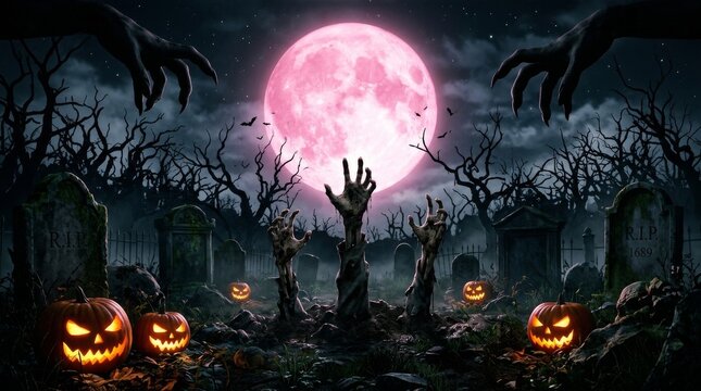 Spooky zombie hand reaching out from a grave in a graveyard under a full pink moon, with glowing jack-o'-lantern pumpkins and dark trees on Halloween night.