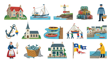 Fototapeta premium Flat Vector Illustration Set of Coastal Life, Fishing Village Scenes, Maritime Elements Fishermen