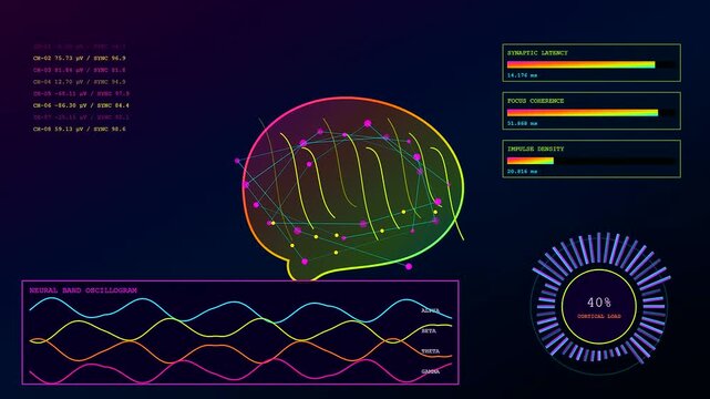Three screens displaying biometric telemetry data points featuring digital brain icons neural wave graphs and circular meter gauges with pulsing neon light effects on a dark background