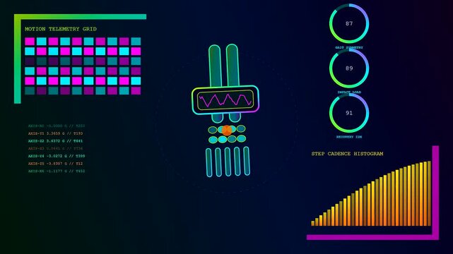 A digital biometric telemetry readout displays complex motion data statistics on a dark interface showing fluctuating waves and neon bars for analytical motion tracking research purposes