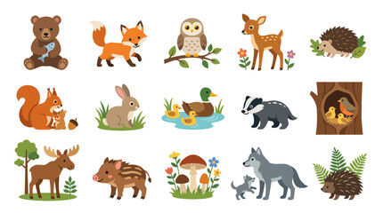 Obraz premium Adorable Flat Vector Forest Animals Collection: Woodland Creatures Wildlife Illustration Set for Kids