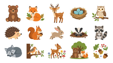Fototapeta premium Cute Woodland Animals Forest Creatures Wildlife Cartoon Flat Vector Illustration