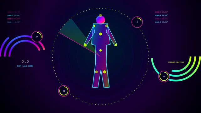 Digital displays showing biometric telemetry in a vibrant dark environment with multiple abstract body scans monitoring human physiology using glowing circular graphics and neon light patterns