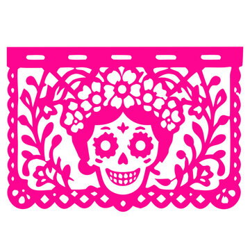 Ilustraci&oacute;n vectorial de una banderola de papel picado mexicano en color rosa mexicano o fucsia, con el dise&ntilde;o calado de La Catrina coronada con flores y rodeada de follaje ornamental, aislada sobre u