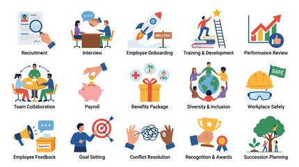 Fototapeta premium Human Resources HR Management Flat Vector Icons Set. Business Workplace Concepts and Employee Lifecycle Illustration