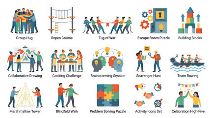 Fototapeta premium Team Building Activities Flat Icons Set: Collaboration, Competition, Fun