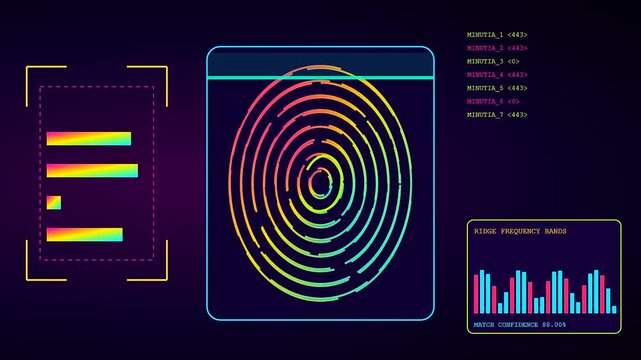 Digital scan of biometric telemetry data represented as luminous fingerprint patterns with shifting abstract analytical bar charts flowing across a dark and vibrant gradient display interface