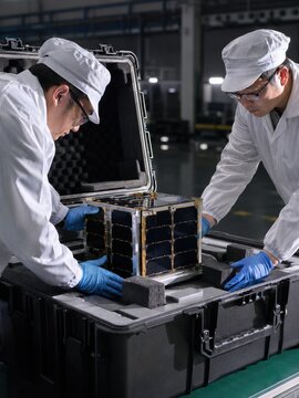 Technicians Handling Cube Satellite in Cleanroom Laboratory