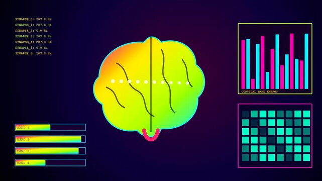 Biometric telemetry analysis represented by glowing organic brain shapes and flickering charts in this digital interface display featuring shifting statistical data points across multiple neon screens