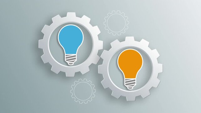 Light bulbs inside interlocking gears representing ideas and innovation