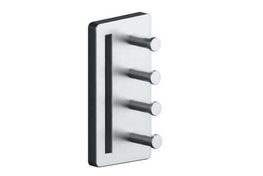 Nowoczesny wieszak ścienny z czterema metalowymi haczykami na srebrnym panelu, minimalistyczny design akcesori&oacute;w domowych do przedpokoju lub łazienki, wyizolowany na białym tle, widok z perspektywy.