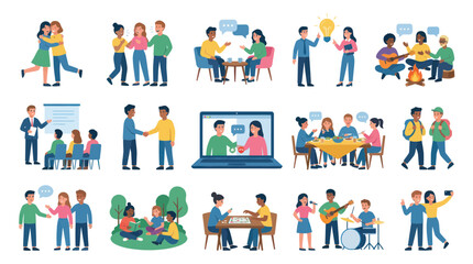 Fototapeta premium Flat Vector Illustration Set: Diverse People Interacting, Communicating, Learning Socializing
