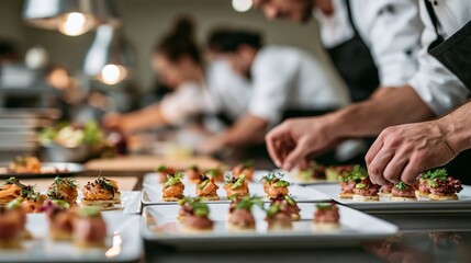 Obraz premium Professional catering team prepares Christmas appetizers in modern kitchen for corporate event Generative AI