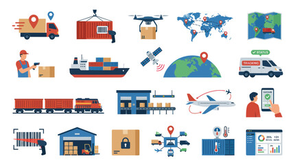 Fototapeta premium Flat Design Vector Icons of Logistics, Global Shipping, Delivery, and Supply Chain Tracking Services