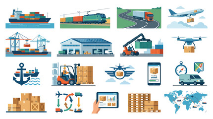 Obraz premium Flat Vector Logistics Icons Set: Global Supply Chain, Freight Shipping, Warehouse, Delivery Transportation