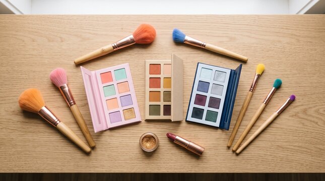Assorted makeup products and brushes arranged on a wooden surface