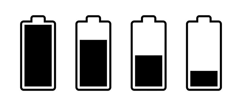Four black battery icons illustrate different power levels ranging from a full charge to completely depleted