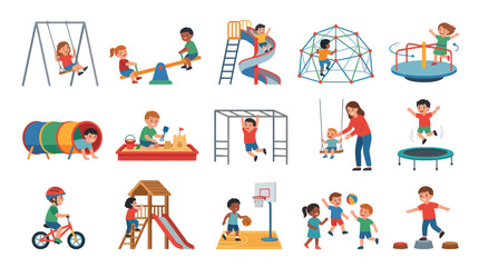 Fototapeta premium Flat Design Children Playing on Playground Equipment, Kids Outdoor Activities Vector