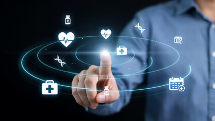 Obraz premium Person using smartphone with health and medical icons connected in futuristic digital interface