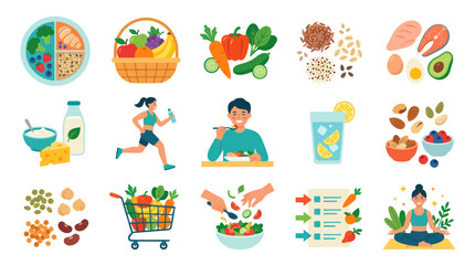 Fototapeta premium Healthy Lifestyle Flat Vector Illustration Set: Balanced Diet, Food, Nutrition, Exercise, and Wellness Elements