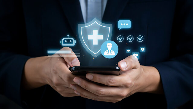 Professional using smartphone with health and ai icons floating above hands