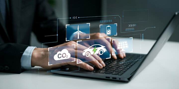 Person using augmented reality on laptop showing car and cloud icons with hand interaction