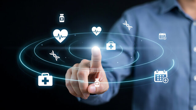 Person using smartphone with health and medical icons connected in futuristic digital interface